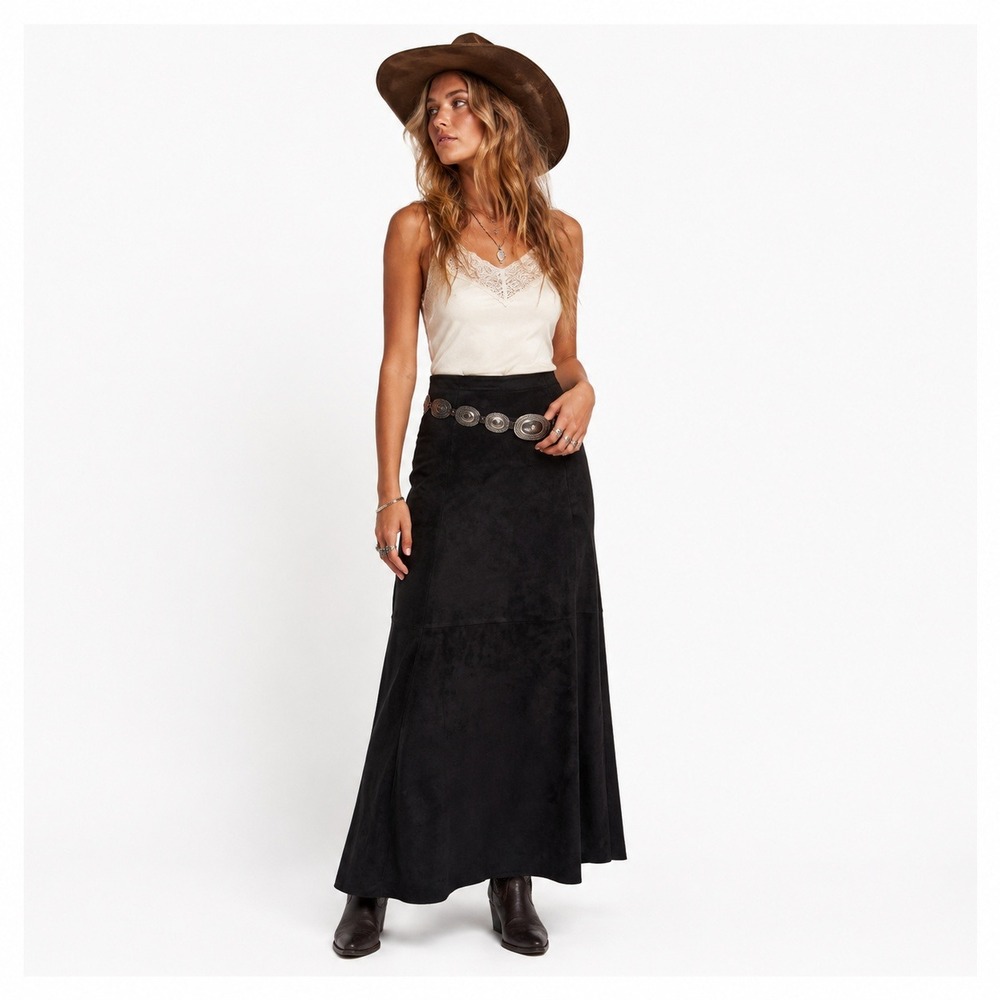 Boho Festival Suede Leather Maxi Skirt Black 90s Western Chico's 2 US Sz 12